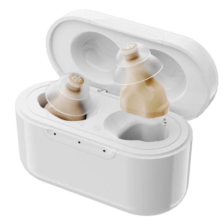 Aparate auditive OTC pentru seniori si adulti cu pierdere de auz BY4U Amplificatoare auditive reincarcabile cu anulare digitala a zgomotului pe 16 canale control volum invizibile wireless confortabile cutie de incarcare