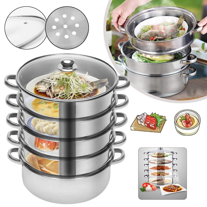 Multi-functional Steamer Pot Set, 5 Levels, Vented Glass, 30 cm, Stainless Steel