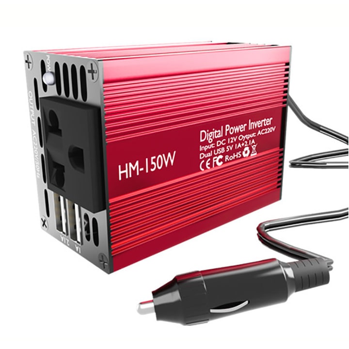 Invertor de tensiune auto 12V la 220V/110V 150W 2 porturi USB 3.1A 1 priza de curent alternativ mufa de bricheta inclusa 87x64x40 mm OUYLAF Rosu