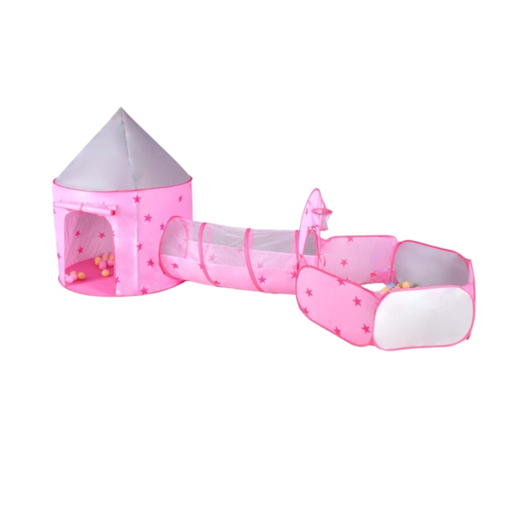 Set Cort de joaca pentru copii 3 in 1 Simply joy cu spatiu de joaca tunel castel pentru interior si exterior 300 cm roz