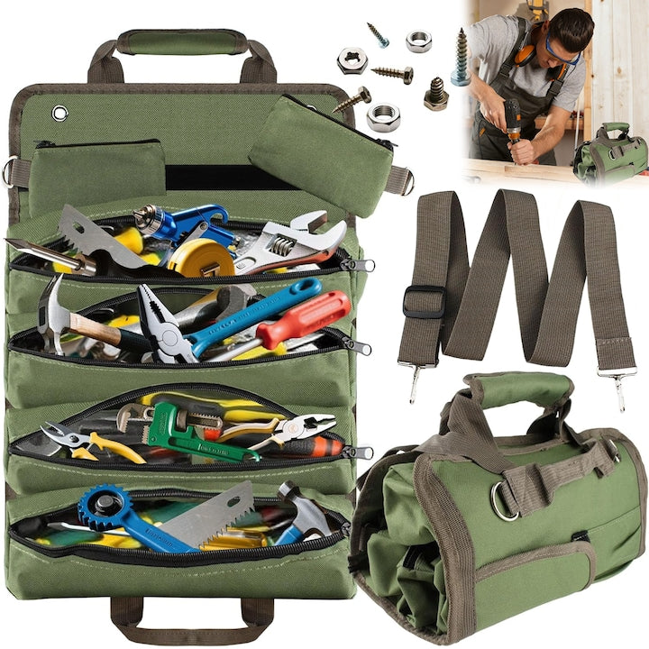 Wacorresi Roll-Up Tool Bag, 1200D Oxford Tool Bag, 4 Compartments, with 2 Detachable Pouches, Convenient Storage for Hand Tools and Accessories, Collapsible for Detachable Zipper Pouches, Suitable for Holiday Gifts