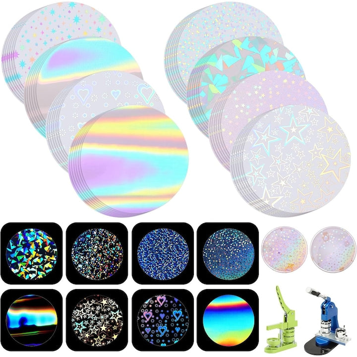 Set 200 Folie de Protectie pentru Insigna Swejah 8 Stiluri de Sclipici Holografic 70 mm Diametru pentru Masina de Facut Butoane de 58 mm pentru Obiecte Handmade si Cadouri DIY
