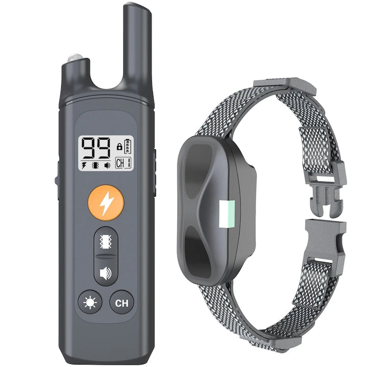 Zgarda Electrica Pentru Dresaj Caini cu Telecomanda cu 4 Moduri–Sunet lumina vibratii si soc electric 99 Nivele Raza Actiune 800m Reincarcabila IPX7 Cablul reglabil 68cm Negru