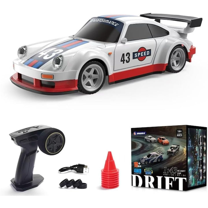 Masinuta de drift 1/43 cu caroserie detaliata 4x4 viteza maxima 15 km/h alimentare cu baterie litiu set complet.
