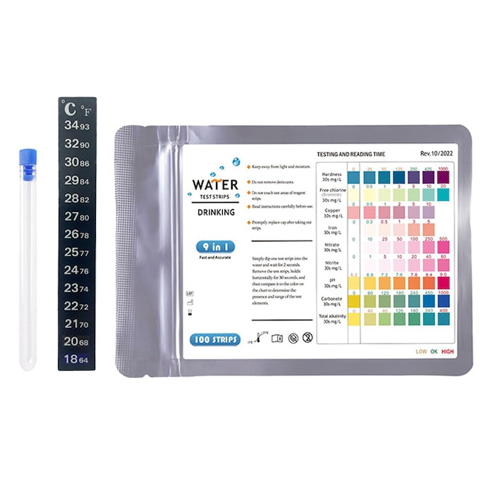 hartie de testare a calitatii apei ZOUN, 100 de bucati echipate cu tuburi de testare si hartie de temperatura pentru a detecta problemele de calitate a apei si valorile de pH clor liber / clor total / PH / alcalinitate / duritate / acid cianuric