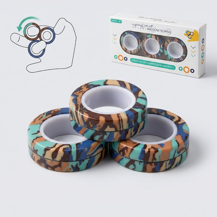 Set 3 Inele Rotative Magnetice Model Tigru Se Conecteaza Jucarie Anti-Stres Fidget Ring Relaxare Adulti si Copii