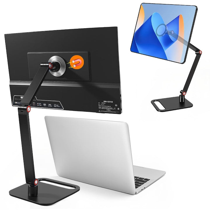 Suport magnetic portabil pentru monitor iPhone iPad tablete si monitoare portabile 10–20'' inaltime reglabila pana la 39 cm rotatie la 360° baza universala pentru extensia ecranului suport durabil din aliaj de aluminiu Negru mat