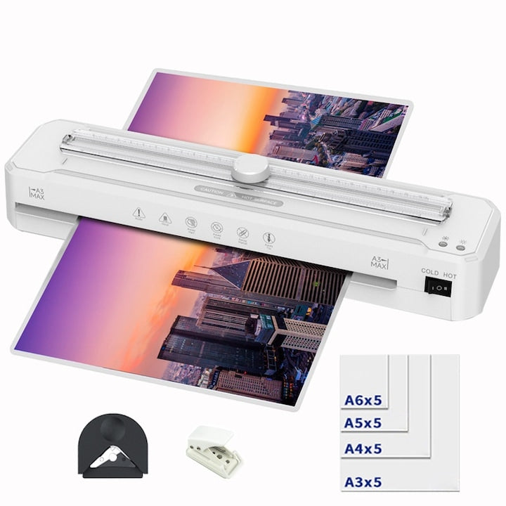 Laminator cu 20 de foi de laminat A4/A3/A5/A6 rotunjitor de colt laminator la rece si termic taietor de hartie incorporat masina de laminare personala pentru birou scoala Alb fildes