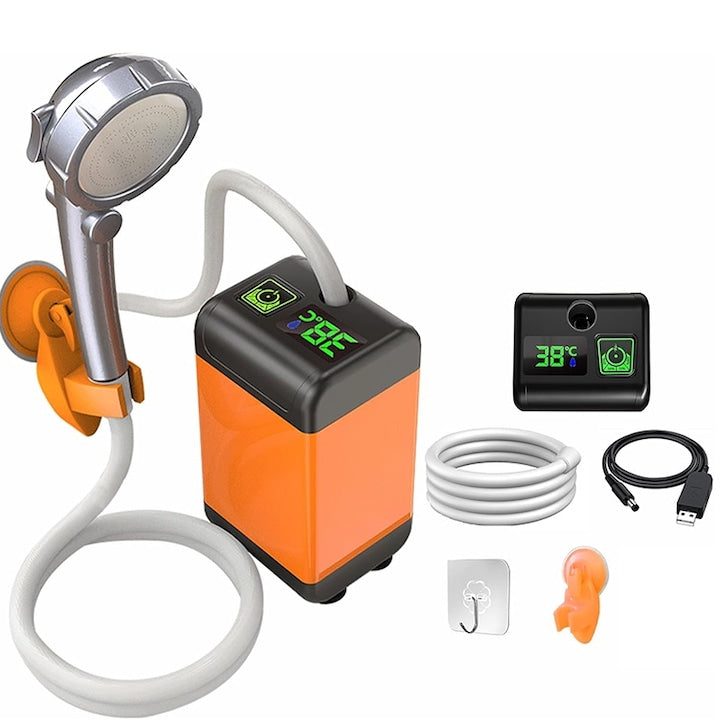 Portable Camping Shower Rqiurpn set with shower head and hose, 7800 mAh, temperature display, 6-8 liters/minute, IPX Waterproof, Suction Cup, Hook, 2 meters