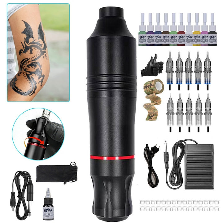 Rotary Tattoo Machine Kit Power Supply with Cartridges Foot Pedal for Tattoo Artists Tattoo Gun Set for Beginners Complete Tattoo Kit for Beginners with Ink