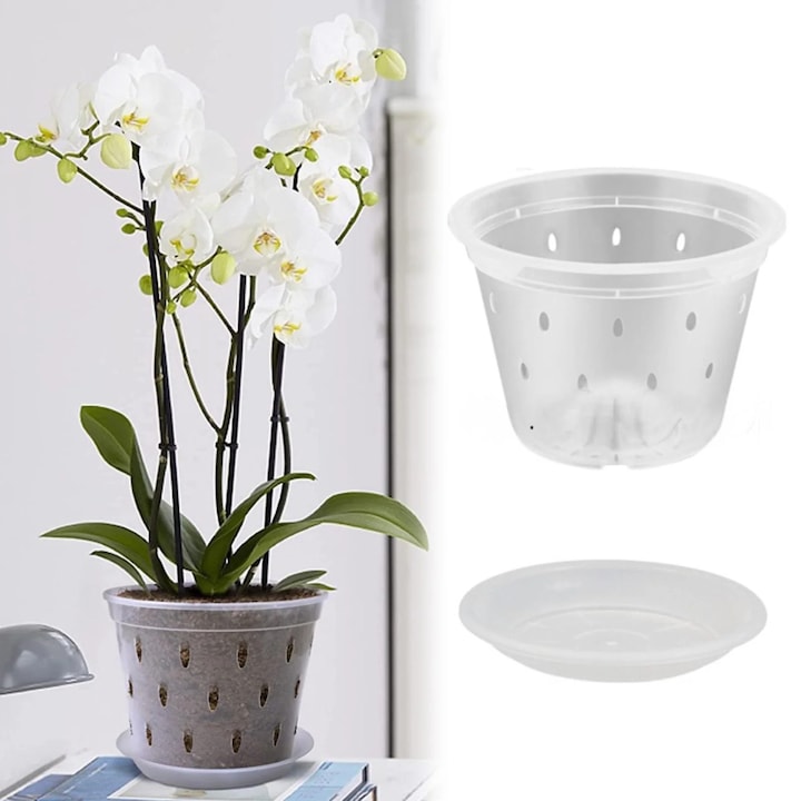 Transparent rigid plastic pot for Dendrobium and Phalaenopsis orchids 17.2x17.2x14cm set of 2 pieces