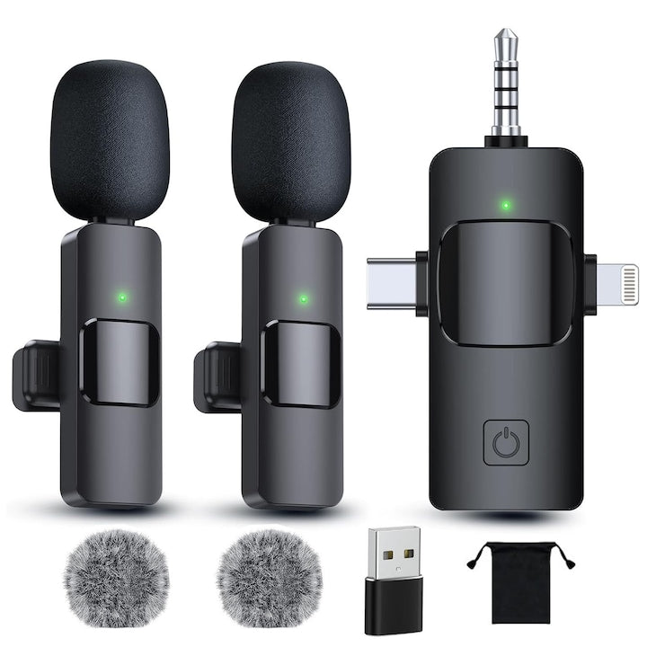 Set 2 microfoane lavaliera wireless receptor 3 in 1 USB-C/3.5 mm/Lightning reducere zgomot omnidirectionale 360 pentru iPhone Android laptop camera OUYLAF Negru