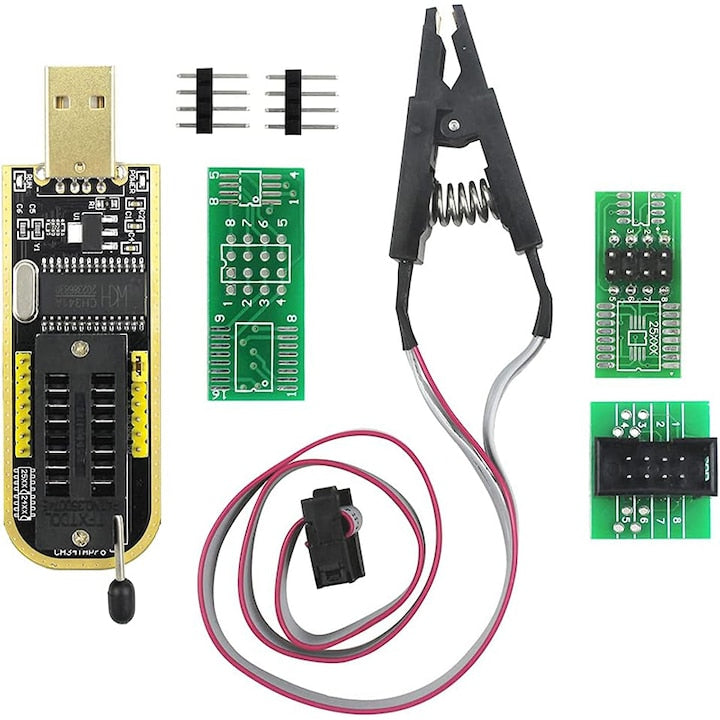 Programator USB TREXORA CH341A Rqiurpn suporta cipuri 24/25 clema SOP8 iesire 5V