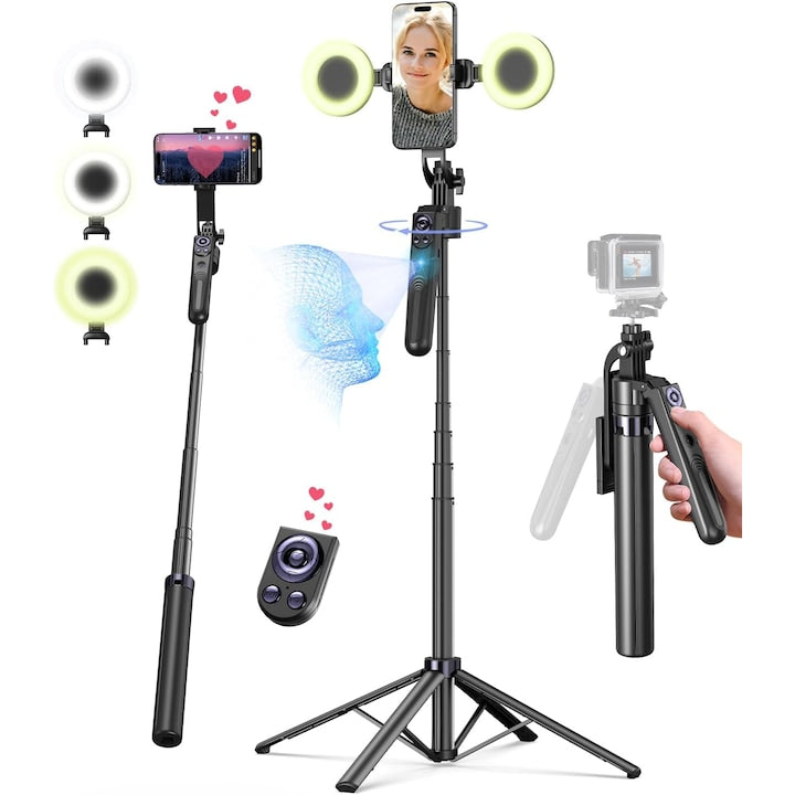 Kit de fotografiere cu stick selfie 2 in 1 WALALLA urmarire automata a fetei cu rotatie la 360 de grade moduri de iluminare in trei culori telecomanda 40-180 cm potrivit pentru inregistrare video TikTok vlogging si trepiede mobile negru