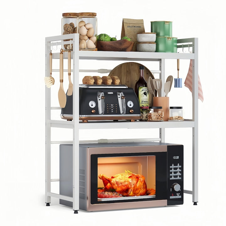 Microwave Oven Metal Shelf Microwave Oven Stand Microwave Oven Rack 3-Tier Kitchen Organizer Adjustable Shelf 6 Hooks Carbon steel paint is easy to clean 40-60x36x46cm white