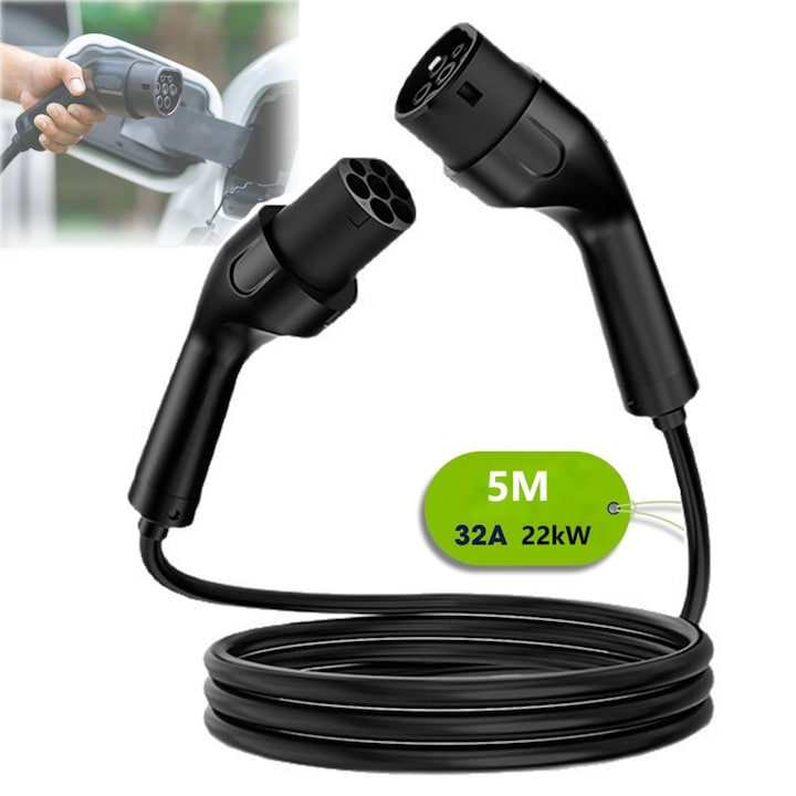 Cablu Incarcare pentru Vehicul Electric SANSES 32A 22kW Type 2 Trifazic 5 Metri Impermeabil IP54 Impermeabil Rezistent la Frig Rezistent la Caldura Geanta inclusa Negru