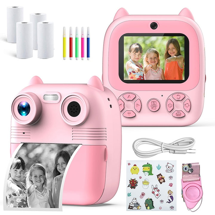 Aparat foto instant pentru copii Rqiurpn 2.8" 96MP Dual Lens 32GB 2200mAh Video 1080P Carioci si Stickere Colorate Roz