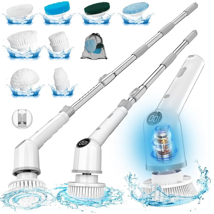 Perie Electrica Rotativa Pentru Maner Extensibil 9 Capete de Perie Inlocuibilebh 3 Viteze Reglabile Inaltime Ajustabila Curatare Fara Efort Rotativa Pentru Curatare Bucatarie Baie Pardoseala Geamuri Alb