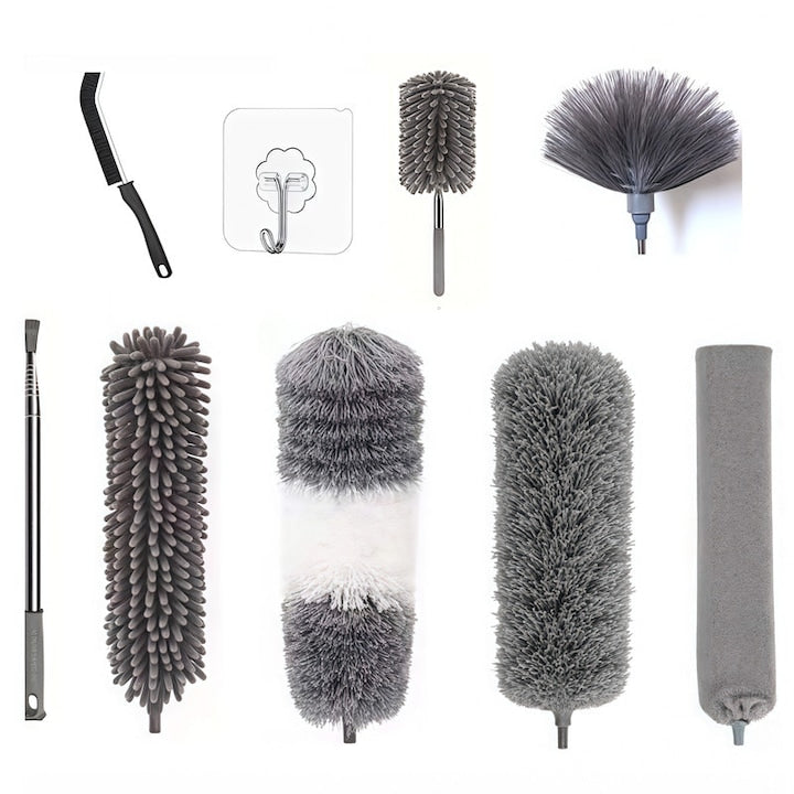 Set de curatare 9 piese matura telescopica perie pentru crapaturi carlig adeziv maner din aluminiu extensibil 280 cm gri Potrivit pentru curatarea prafului din tavane candelabre aparate de aer conditionat goluri etc