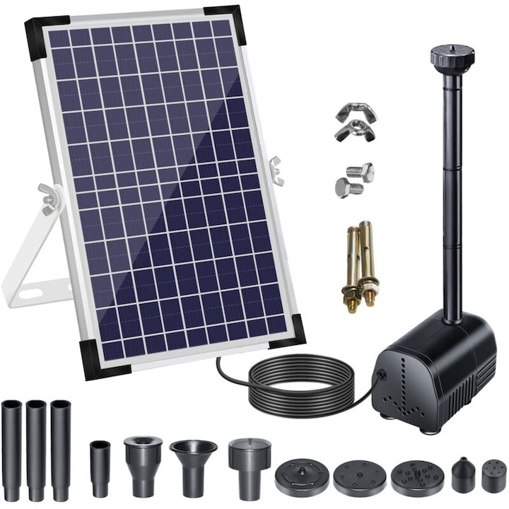 Pompa solara de apa 18V/10W 1000L/h cu panou solar mare si duze pentru fantana iaz acvariu gradina
