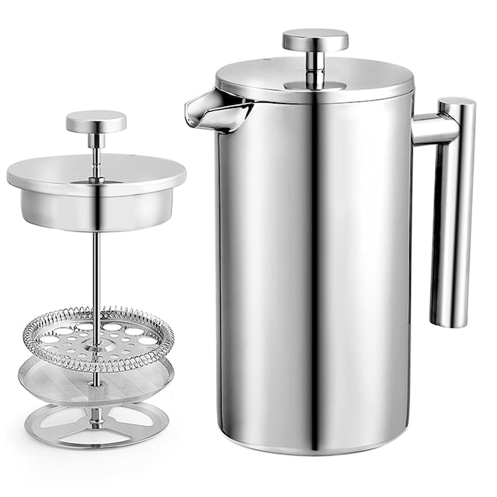 French Press Manual Coffee Maker, Stainless Steel, 1000ml, Silver