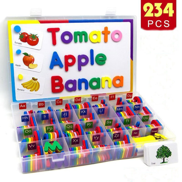 Set educațional 234 piese litere magnetice TodyJeyHo cu tablă magnetica față-verso și cutie de depozitare pentru copii 3-7 ani spumă EVA multicolor