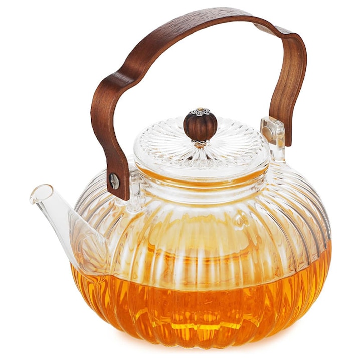 Ceainic din sticla borosilicata 1200ml cu infuzor detasabil Omelivon design elegant transparent pentru ceaiuri florale fara plumb