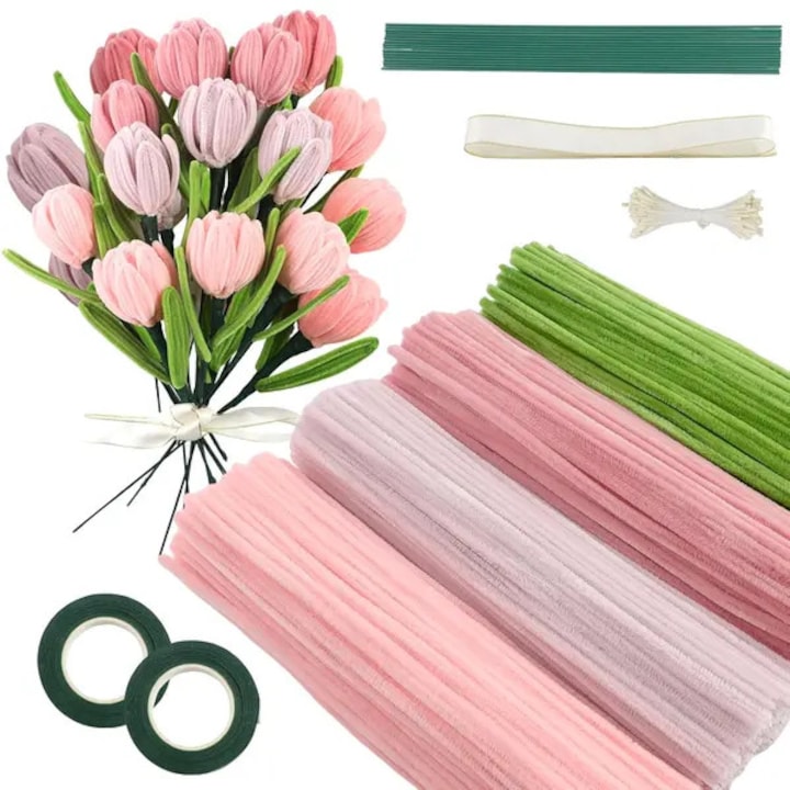 Set 400 Curatatori Tevi Multicolor cu 2 Role Banda Florala si 20 Tulpini Flori