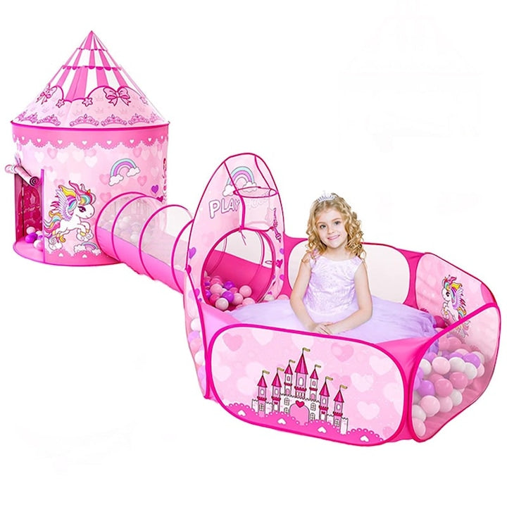 Rqiurpn 3-in-1 Princess Play Tent for Kids, with Play Area, Tunnel, for Indoor and Outdoor, 290 cm, Pink