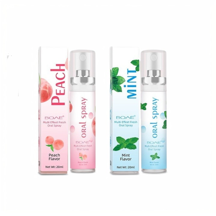 Set 2 Odorizant oral Spray oral Spray pentru improspatarea respiratiei - Contine arome de piersica si menta pentru a imbunatati respiratia urat mirositoare si pentru a va mentine gura curata