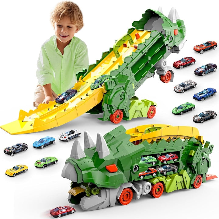 Jucarie Camion Dinozaur Triceratops 3 in 1 Juksun Jucarie Pentru Copii Interactiva Transportator Si Pista De Lansare Masinute 2 Masinute Incluse Loc Depozitare 8 Masinute Ideal Cadou Baieti 3 4 5 6 Ani Platforma Tractare Verde