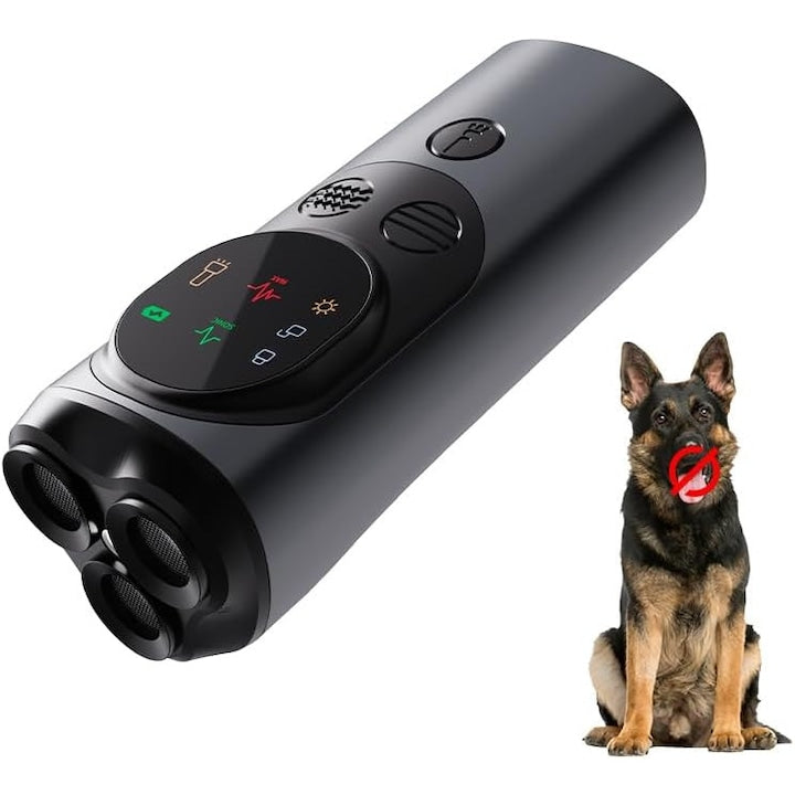 Ultrasonic device against aggressive dogs. Also ideal for training, with ultrasound, flashlight, and laser, portable, for outdoor use.