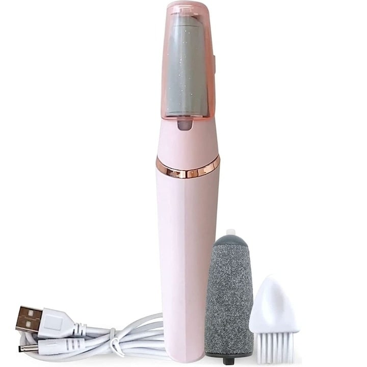 Pila pentru talpi si calcaie electrica incarcare USB cu periuta de curatare 2 viteze de functionare lumina LED alb/roz