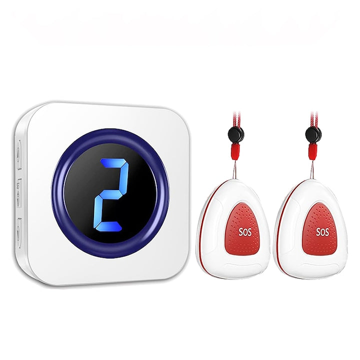 Buton apel SOS wireless Rqiurpn 2 butoane impermeabile display LED numere sonerie ajustabila Buton de apelare pentru batrani si copii