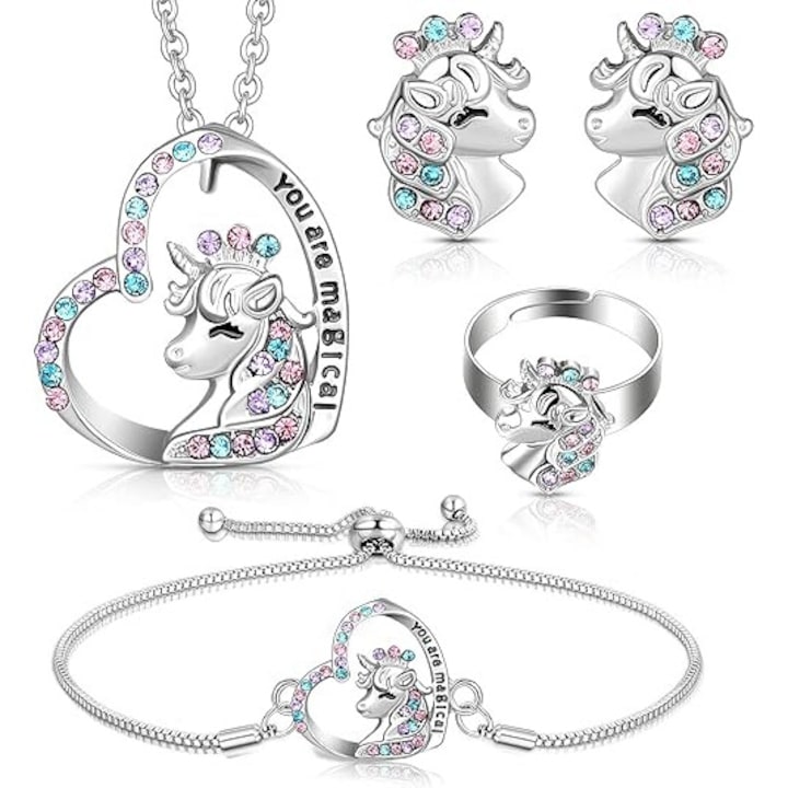 Nybgyy - Children's Jewelry Set: Necklace, Bracelet, Earrings, Adjustable Ring, Crystals, Multicolor