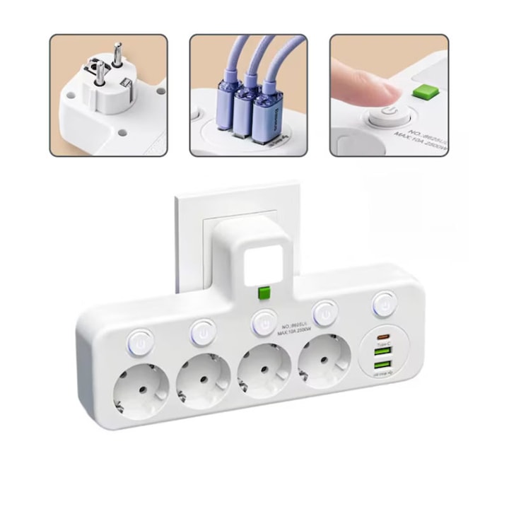 Priza multifunctionala/multipriza de 2500 W 4 prize standard germane + 2 porturi USB-A + 1 port USB-C cu protectie la supratensiune comutatoare individuale lumina de veghe material rezistent la foc alb