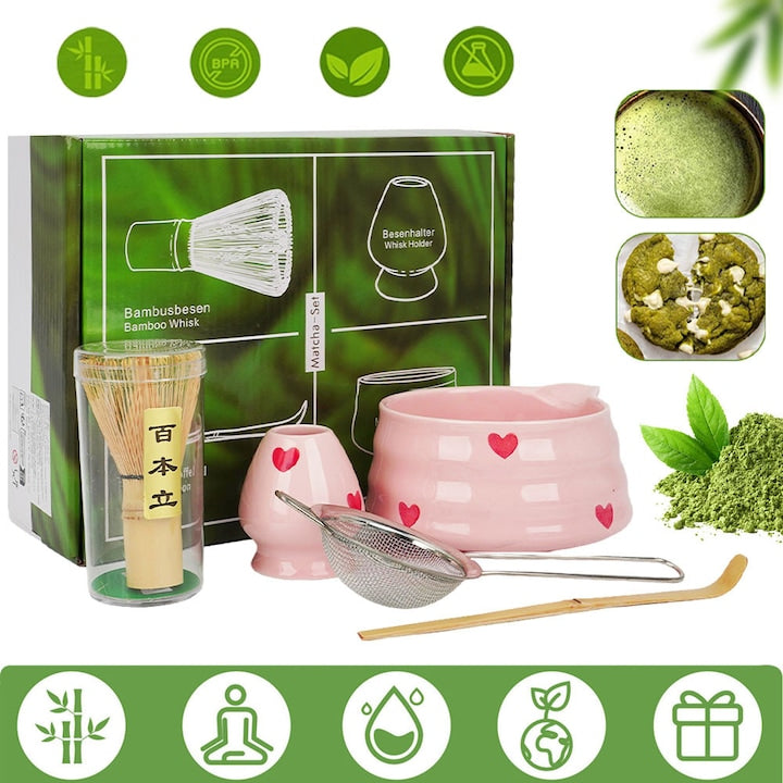 5-Piece Matcha Set, Matcha Powder Ceremony Kit, Matcha Tea Set for Latte Preparation, Matcha Whisk, Spoon and Sieve, Ceramic Bowl, Whisk Holder, Gift for Matcha Lovers