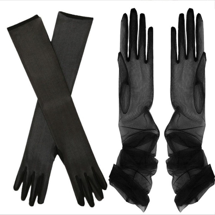 JENUOS - Set 2 manusi satin lungi si tul lungi pana la cot elegante evenimente si dansuri nasa sau domnisoara de onoare 55cm Negru
