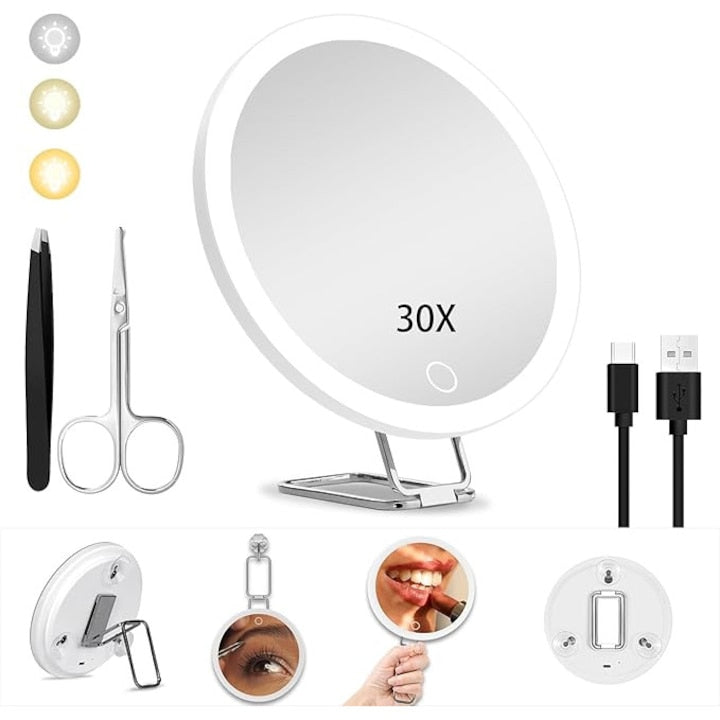 Lighted Makeup Mirror Portable Cosmetic Mirror with Illumination Height-Adjustable Makeup Mirror 30x Magnification 3 Light Modes White with Adjustable Stand and Suction Cups