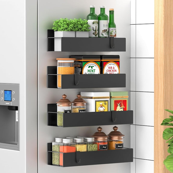 Set 4 Rafturi pentru Frigider SINBINTA Organizator cu Magnet pentru Condimente Organizator Bucatarie cu 4 Carlige Maxim 5kg Pentru cuptor cu microunde masina de spalat Metal 27x8.5x7.5/29.5x9.5x7.5cm Negru