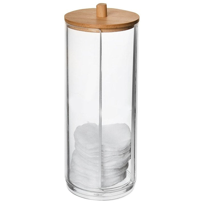 Recipient Pentru Dischete Cosmetice Orion Whitney 7x17.5 cm Fabricat Din Acril Capac Din Lemn De Bambus Forma De Dozator Umplere Usoara Transparent