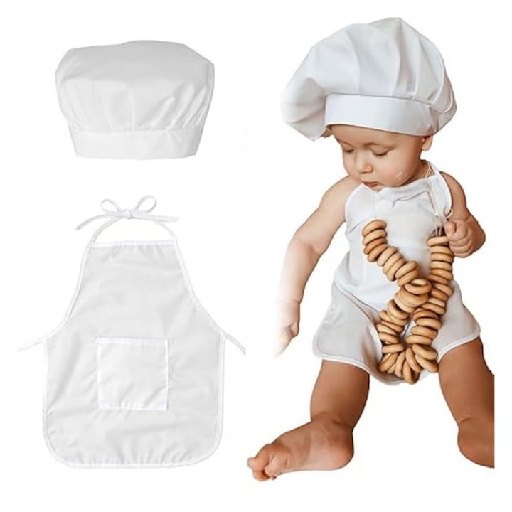 Set costum de bucatar pentru bebelusi Recuzita pentru fotografie nou-nascuti Cu palarie si sort reglabile Material panza Alb