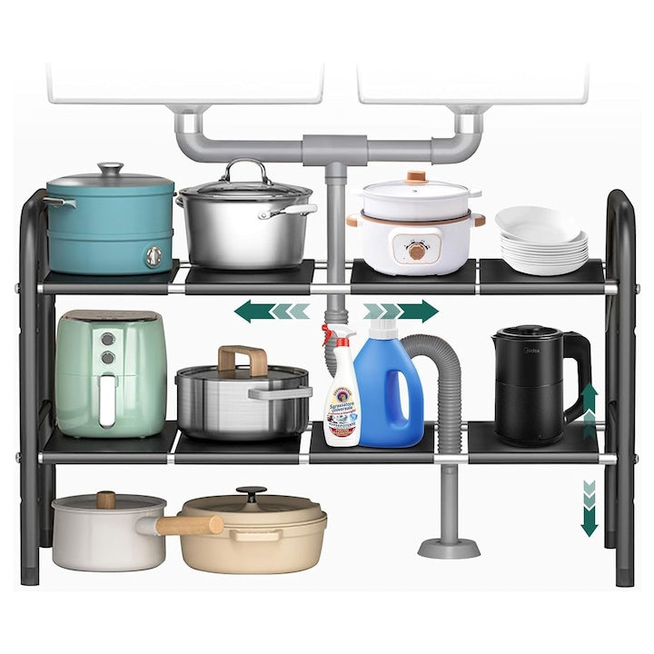 Utilizari sub organizatorii de chiuveta si depozitare SINBINTA 2 nivel Organizator de raft pentru inaltime/lungime extensibila Cu 8 panouri detasabile Pentru depozitare sub baie de bucatarie Inox 25 x50 x68.5 (Scalabil 50-90cm)cm Negru