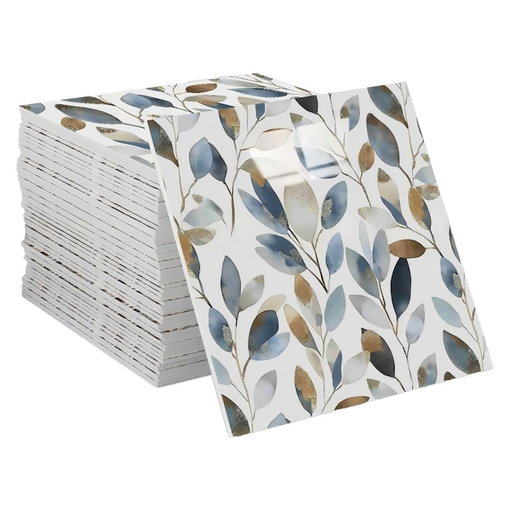 Tapet autoadeziv imitatie faiante model frunze albastru-auriu 30x30cm 10 buc PVC spuma impermeabil bucatarie baie