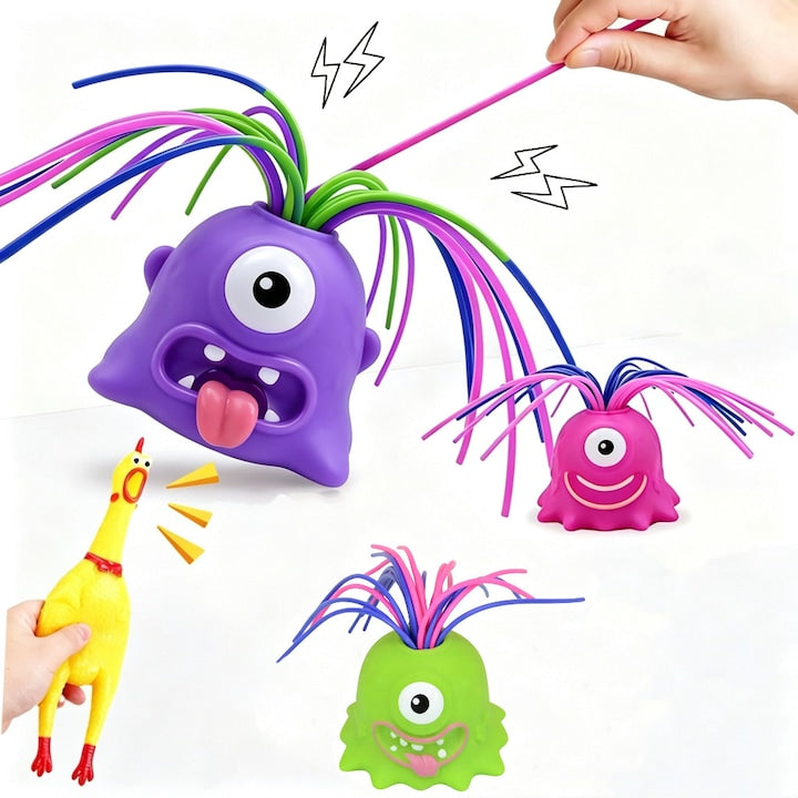 Set of 4 Interactive Anti-Stress Toys – 3 Monsters with Pullable Hair, Lights and Sounds (Purple, Green, Pink) + Screaming Squishy Chick, Gift for Children