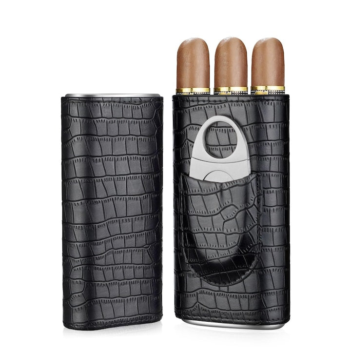 Cigar Humidor with Cutter, Crocodile Design, Portable Cigar Humidifier for Men, WALALLA, Black, Cedar Wood