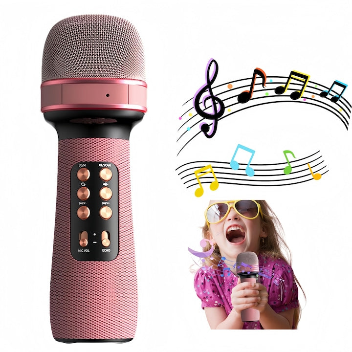 Wacorresi Wireless Karaoke Microphone, Kids' Wireless Karaoke Microphone, with Rechargeable Battery, Built-in Speaker, FM Radio, TF Card, USB, Music Recording, Bluetooth 5.0 Chip, Pink