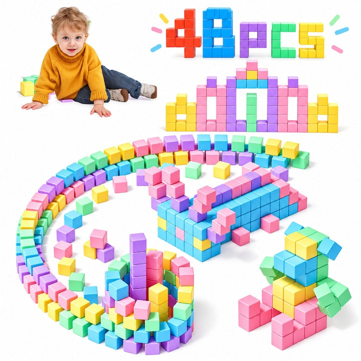 Magnetic Building Set, Magnetic Cubes, 48 Magnetic Cubes, Various Combination Possibilities, Magnetic Educational Set 3+, Macron Color, Multicolor