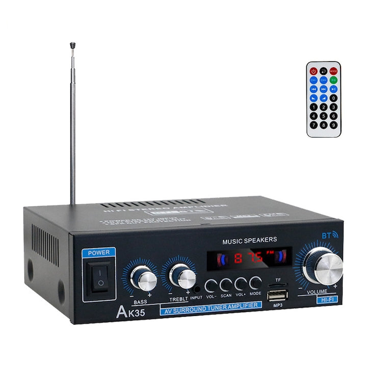 AK35 200W Stereo Audio Amplifier with Bluetooth 5.0, Bass and Treble Control, Home Amplifier with AUX, USB, and SD Card Inputs, Remote Control