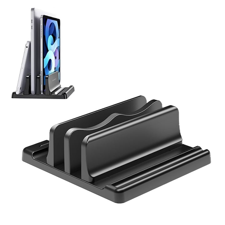 Suport vertical pentru laptop ZOUN compatibil cu tablete laptopuri si telefoane mobile 4 compartimente antialunecare latime reglabila stabil 16 × 15 × 6 cm negru